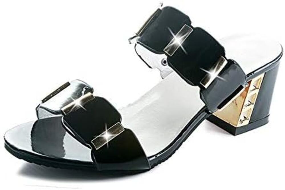 BRAND NEW ~ Women's Black & Gold Chunky Heel Slides Dressy Shoes ~ Size 5 (35)